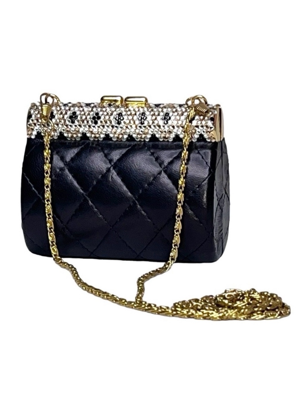 90s Beaded Rhinestone Clasp Quilted Black Leather Mini Bag Purse Chain Strap - Picture 2 of 16